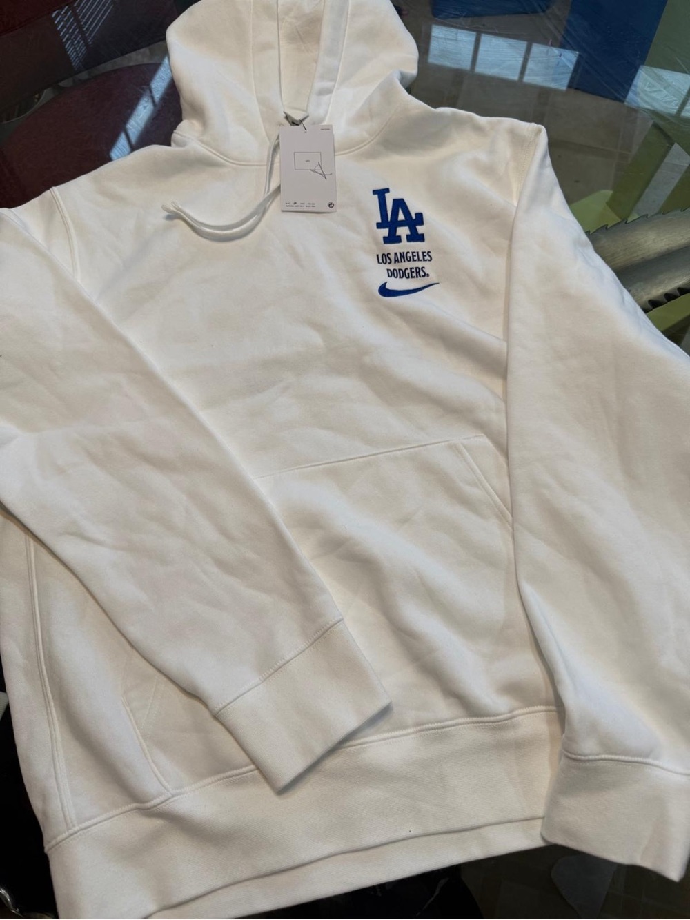 Nike White Los Angeles Dodgers Pullover Hoodie with Blue Logo